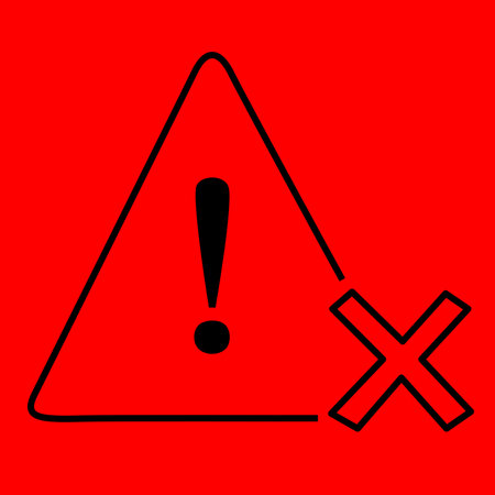 Cartoon illustration of red triangle warning sign. Flat vector forbidden warning message in doodle. Exclamation mark. Access denied.のイラスト素材