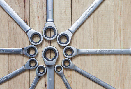 wrenches on wooden backgroundの写真素材