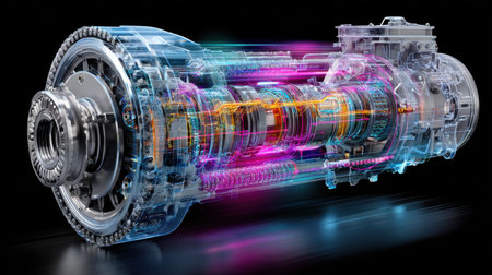 This stunning digital illustration showcases a transparent jet engine, revealing intricate components and vibrant energy flows, symbolizing advanced technology and innovation in aviation.の素材