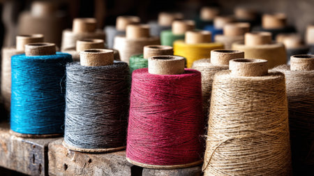 This vibrant image showcases an array of colorful spools of thread arranged on a rustic wooden surface, perfect for showcasing craft and sewing themes.の素材