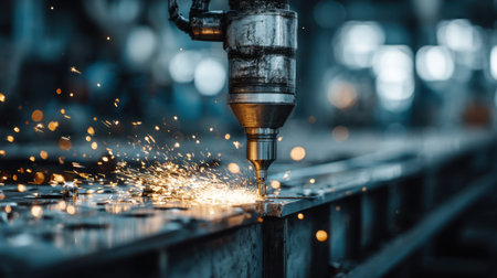 Close-up image of precision metal cutting process in an industrial workshop, showcasing sparks flying, highlighting advanced machinery and craftsmanship.の素材