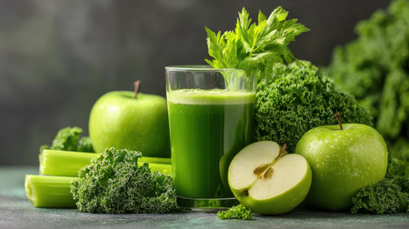 A refreshing glass of green juice made from fresh apples, celery, and kale, surrounded by vibrant vegetables, promoting a healthy lifestyle and nourishment.の素材