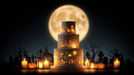 A beautifully designed Halloween cake emits a warm glow, surrounded by pumpkins and lanterns in a haunting graveyard setting under the full moon.の素材