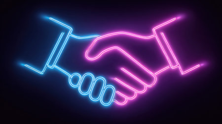 This neon handshake illustration features a glowing blue and pink design on a dark background, symbolizing collaboration and partnership in a modern business environment.の素材