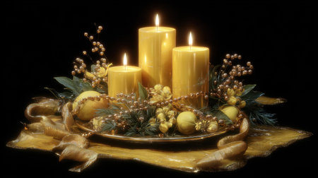 This elegant composition features three yellow candles glowing softly amid decorative greenery and bright accents, creating a warm and inviting atmosphere.の素材