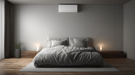 This image showcases a modern and minimalist bedroom design featuring soft lighting and elegant decor elements, perfect for fostering a tranquil atmosphere.の素材