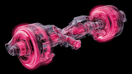 This captivating transparent 3D illustration showcases a mechanical gear design illuminated with a vibrant neon pink glow against a black background.の素材