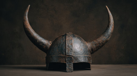 A striking Viking horned helmet resting on a rugged surface, captured against a dark, rustic background, showcasing ancient craftsmanship and historical significance.の素材