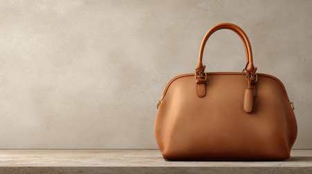 This image features an elegant brown leather handbag beautifully displayed on a neutral surface, perfect for showcasing fashionable accessories and styles.の素材