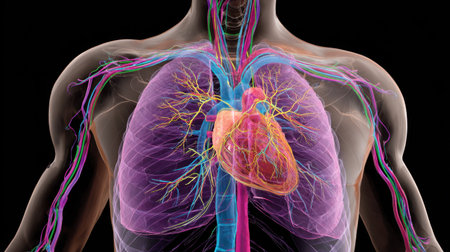 This digital illustration depicts a detailed view of human heart and lungs along with the vascular system. Ideal for educational and medical contexts.の素材