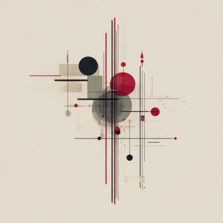 This abstract artwork features a dynamic arrangement of geometric shapes and colors, showcasing an interplay of circles and lines in red, black, and gray tones.の素材