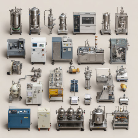 A visually striking compilation of diverse industrial equipment and machinery ideal for scientific, manufacturing, and processing applications in a clean and organized setting.の素材