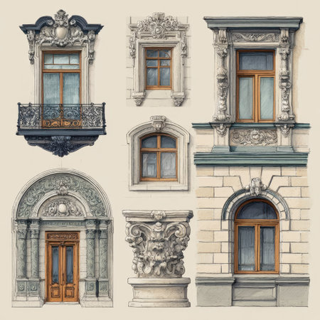 Explore a collection of vintage architectural elements, showcasing intricate windows, balconies, and decorative facades that exemplify timeless craftsmanship and beauty.の素材