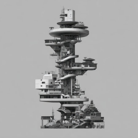 This stunning black and white image showcases a striking futuristic vertical building. Its unique design blends creativity and modern architecture in an impressive urban setting.の素材