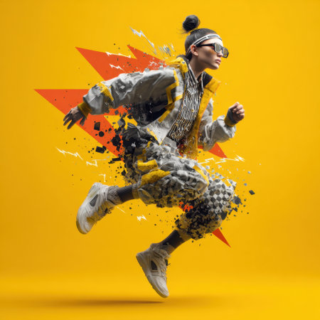 A dynamic athlete captured in mid-action against a vibrant yellow background, showcasing a blend of energy, style, and modern fashion. The colorful splashes enhance the sense of motion and creativity.の素材