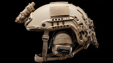 This image showcases a high-quality tactical combat helmet designed for military and security operations. It features advanced accessories for enhanced functionality and safety.の素材