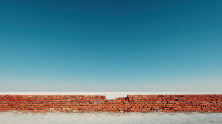 This image features a rustic red brick wall with visible cracks, set against a bright blue sky. The serene open space creates a tranquil atmosphere ideal for various design projects.の素材