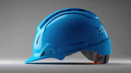 A vibrant blue safety helmet showcasing a modern design ideal for construction and industrial settings. The side view reveals innovative features for optimal protection and comfort.の素材
