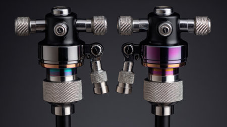 This image features two black precision air regulators, showcasing vibrant accents and sturdy metallic fittings for essential air supply management in various industrial settings.の素材