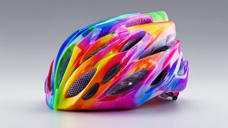 This image features a striking bicycle helmet showcasing a vivid rainbow design. The colorful patterns make it an excellent choice for cyclists wanting style and safety.の素材