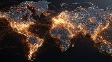 This striking visualization showcases a dynamic representation of global connectivity, featuring illuminated cities and intricate data lines on a dark background.の素材