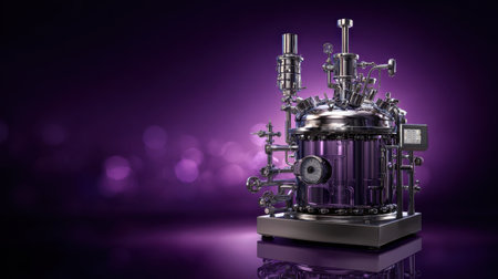 A sleek and modern chemical reactor showcasing stainless steel components set against a vibrant purple background, highlighting innovative laboratory technology and precision engineering.の素材
