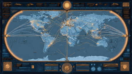 This interactive world map showcases global connections between cities, emphasizing geographical features and routes. Ideal for educational and research purposes.の素材