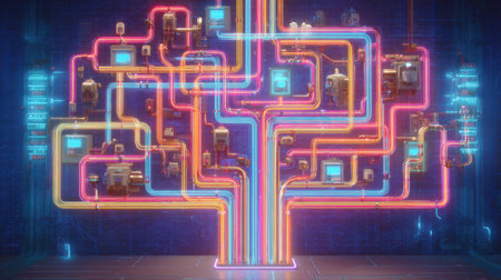 This vibrant abstract design features neon-lit circuit lines flowing in a dynamic pattern. Ideal for technology, innovation, and digital themes, it captivates with its colorful energy.の素材