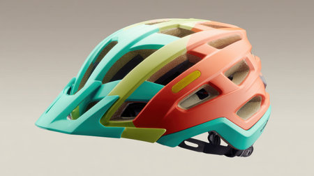 This vibrant and modern bike helmet showcases a unique design ideal for safety and style during outdoor cycling adventures. Perfect for all riders.の素材