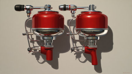 A striking image of two red jet engine models displayed side by side, capturing the intricate design and glossy finish. Ideal for tech and aviation themes.の素材