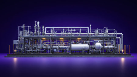 A detailed view of an industrial processing facility featuring complex pipework and advanced machinery set against a striking abstract purple background.の素材