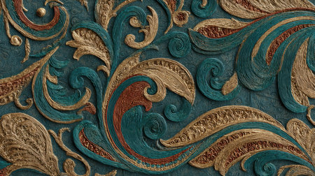 This stunning image showcases an intricate decorative background featuring swirling patterns in rich teal and gold tones, perfect for design projects.の素材
