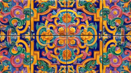 This image showcases a vibrant arrangement of decorative tiles featuring intricate floral motifs and colorful patterns in shades of blue, yellow, green, and red, perfect for adding an artistic touch to any space.の素材