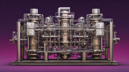 A striking image of complex industrial machinery showcasing intricate pipes, tubes, and metallic elements, set against a vibrant background. Ideal for technology and engineering themes.の素材