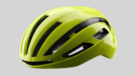 This bright yellow cycle helmet showcases an aerodynamic design ideal for cyclists seeking protection and comfort during rides. Perfect for outdoor adventures.の素材