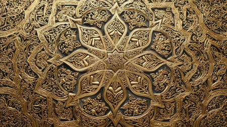 A stunning decorative pattern featuring intricate golden designs with floral motifs and geometric shapes, perfect for enhancing architectural backgrounds and artwork.の素材