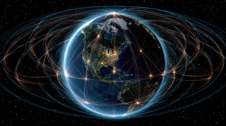 This captivating visual depicts the Earth at night, illuminated by a network of lines that symbolize global connectivity and data exchange, showcasing the intricate relationships in our digital world.の素材