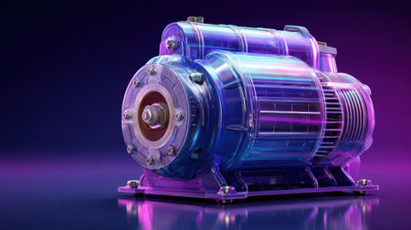 This striking image features a transparent electric motor with a neon glow, emphasizing its intricate design and contemporary engineering. The vibrant colors and futuristic aesthetic make it an ideal representation of technology and innovation.の素材