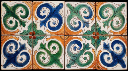 This image features decorative vintage tiles showcasing colorful patterns in green, blue, and orange tones, ideal for interior design projects.の素材