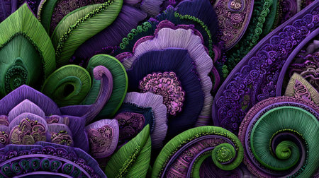 This captivating image showcases intricate floral patterns adorned with vibrant swirls and rich textures in shades of green and purple. Perfect for design inspiration.の素材