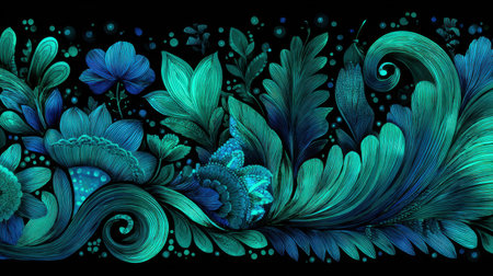 This stunning artwork features an intricate floral design in vibrant shades of blue and green, showcasing ornate leaves and flowers against a dark background. Perfect for nature-inspired themes.の素材