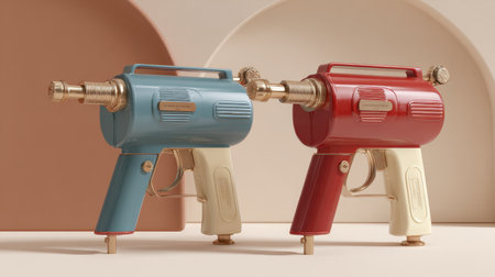This image features two vintage toy water guns, one in blue and the other in red, elegantly designed against a minimalist backdrop which enhances their playful charm.の素材