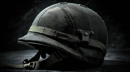 A vintage military helmet with intricate textures and a worn appearance rests against a dark background, symbolizing historical significance and resilience.の素材