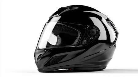 This image features a sleek black motorcycle helmet designed for safety and style. The modern visor offers protection while showcasing a sophisticated design, ideal for enthusiasts.の素材