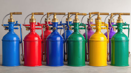 A captivating display of colorful vintage fire extinguishers features an array of vibrant hues, highlighting their unique design and classic charm.の素材