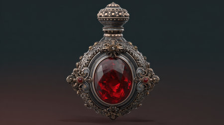 This stunning vintage perfume bottle features a prominent red gemstone framed by intricate metalwork. The elegant design showcases exceptional craftsmanship, making it an exquisite decorative piece.の素材