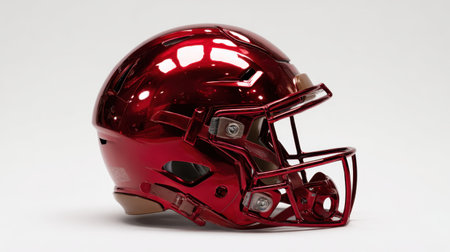 A striking shiny red football helmet showcasing a modern design, perfect for sports photography or creative projects highlighting athletic equipment.の素材