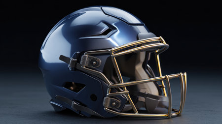 A striking blue football helmet featuring a sleek golden faceguard, designed for both safety and style in sports activities. Perfect for athletic-themed visuals.の素材