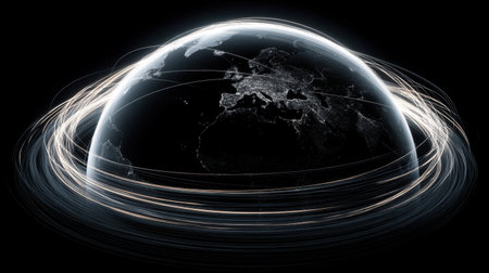 This abstract image showcases a globe with dynamic light trails that symbolize global connectivity, technological advancements, and data flow in modern society.の素材