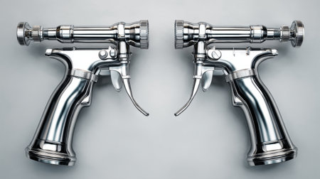 A pair of metallic spray guns designed for painting and coating processes. The shiny chrome finish highlights their precision and modern design, ideal for industrial applications.の素材
